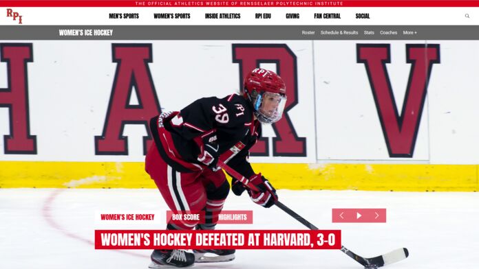 RPI Athletics article featuring Ben Vreeland's photo of their forward in a game against Harvard