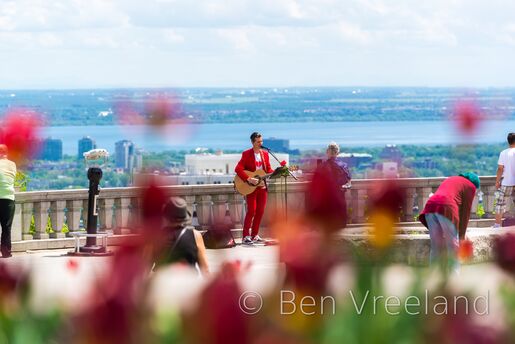 Musician 'Roman Roses' singing and playing guitar on the Belvédère Kondiaronk overlooking Montréal