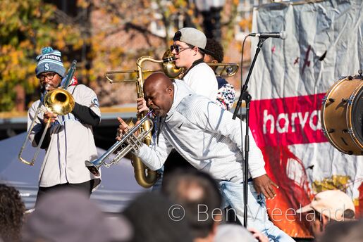 Trumpeter performing a solo onstage at 'HONK!', backed by the 'Young Fellaz Brass Band' from New Orleans