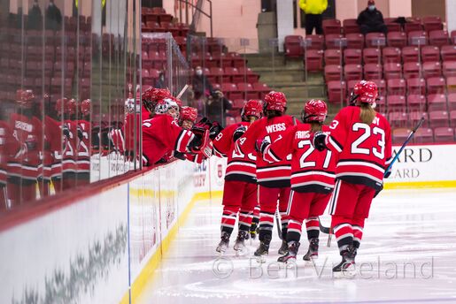Five RPI women's hockey skaters celebrating a goal by fist bumping their teammates on the bench