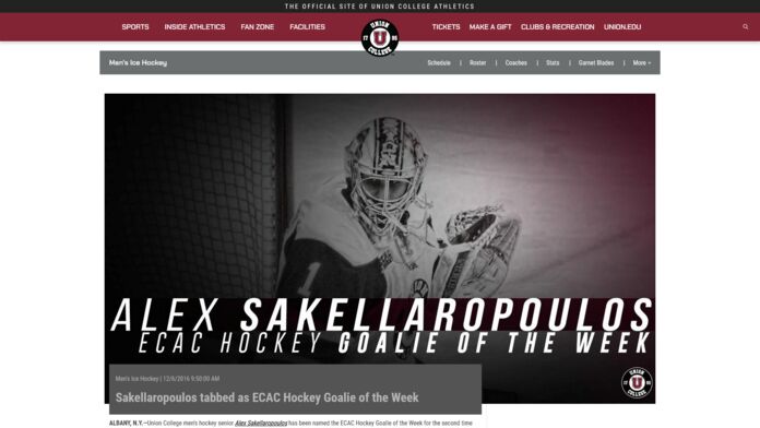 Union College Athletics article featuring Ben Vreeland's photo of Union's goaltender in a game against RPI